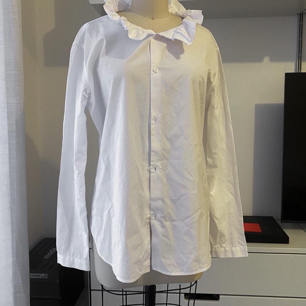 Unisex Y’s by Yohji Yamamoto cotton button down shirt with ruffled collar.